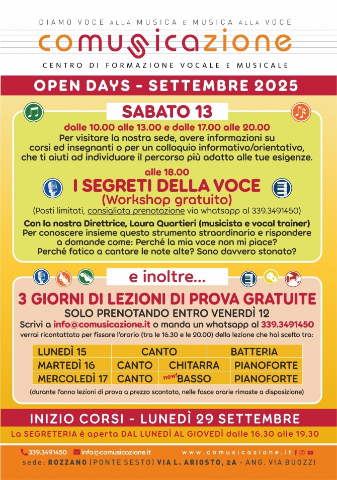 OPEN DAYS SETTEMBRE 2025... stiamo arrivando!!! - Comusicazione - Scuola Musica