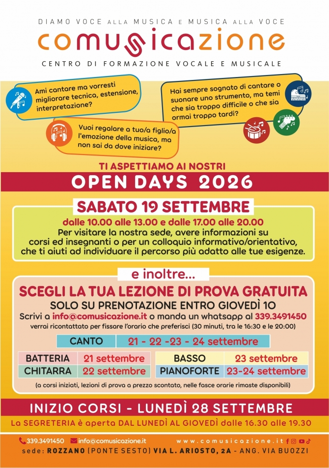 OPEN DAYS 2026 - Comusicazione - Scuola Musica